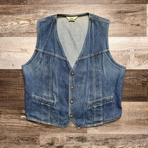 Vintage 70s LEE Blue Jean Denim Snap Button Front Western Vest Size XL